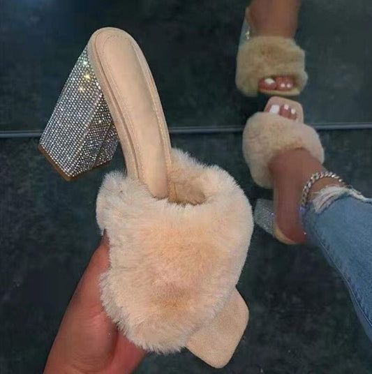 Fancy rhinestone heeled fur sandals