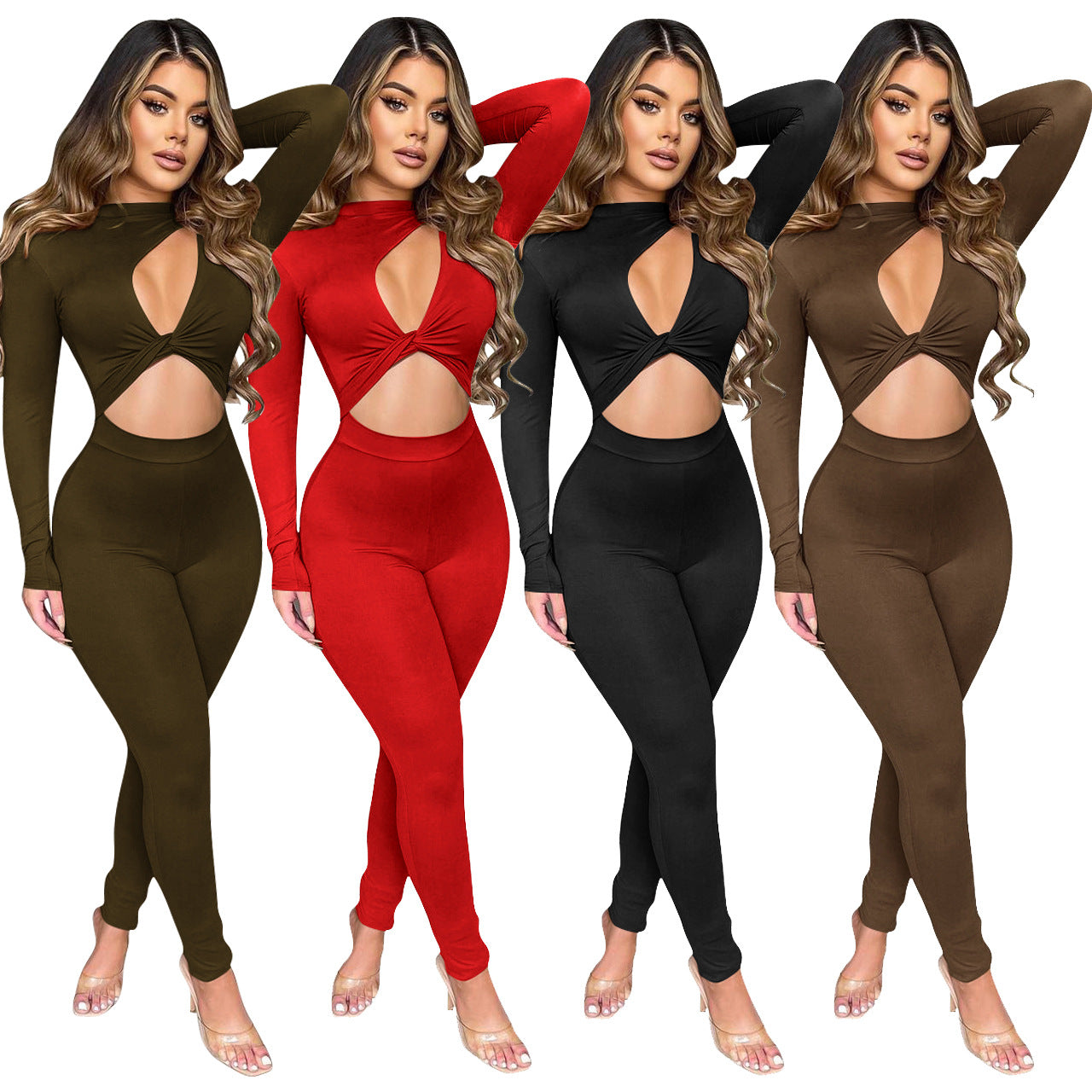 Fall Solid Color Cut Out Long Sleeve Jumpsuit
