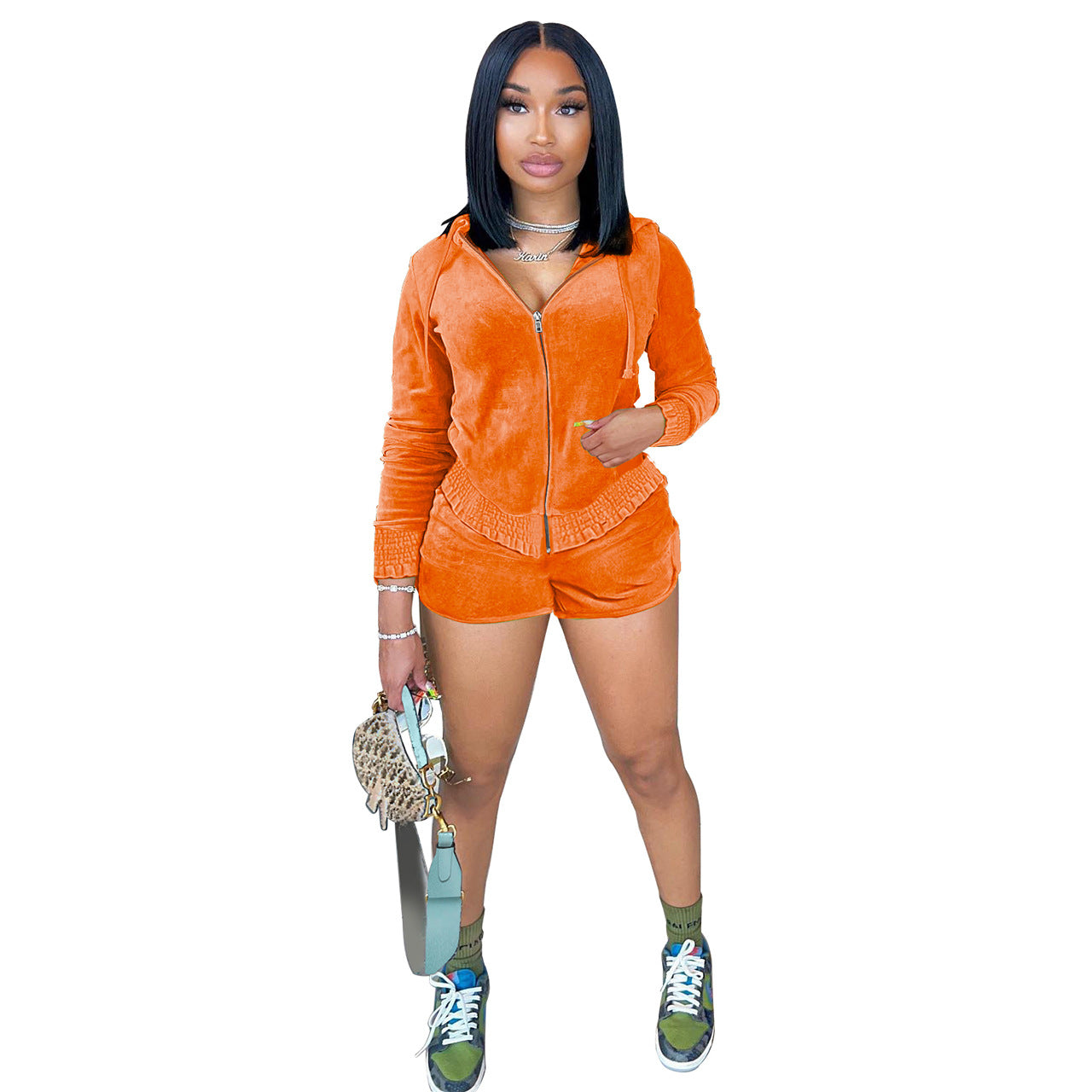 Solid color long sleeve zip hoodies and shorts velvet tracksuits