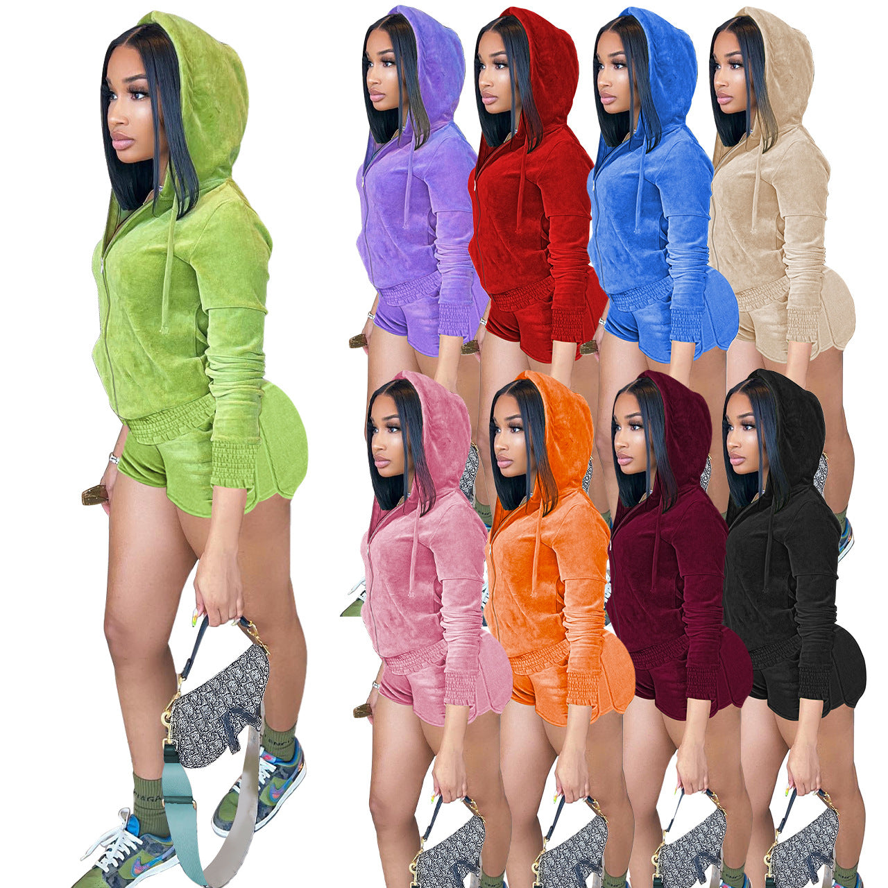 Solid color long sleeve zip hoodies and shorts velvet tracksuits
